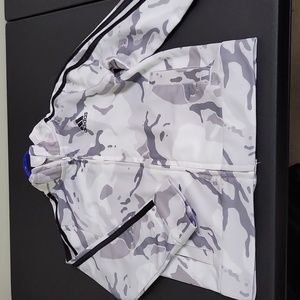 Adidas White and Gray Camouflage Track Jacket with 3 Black Stripes Down the Arms